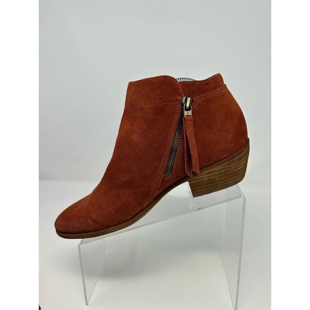 Sam Edelman Womens Ankle Booties Rust Red Side Zip Tassel Block Heel Almond 10